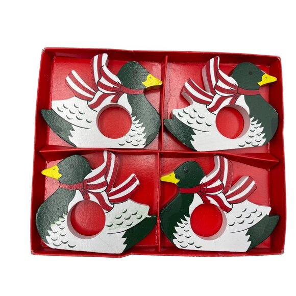 Set Of 4 Vintage Wooden Duck Napkin Rings With Red White Striped Scarves - Picture 6 of 11